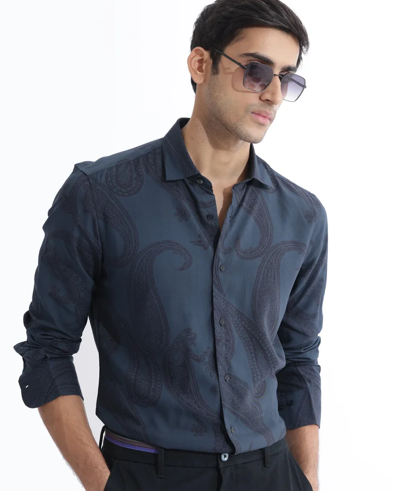 Rare Rabbit Rare Rabbit Men's Hera Blue Viscose Fabric Paisley Print Full Sleeves Shirt