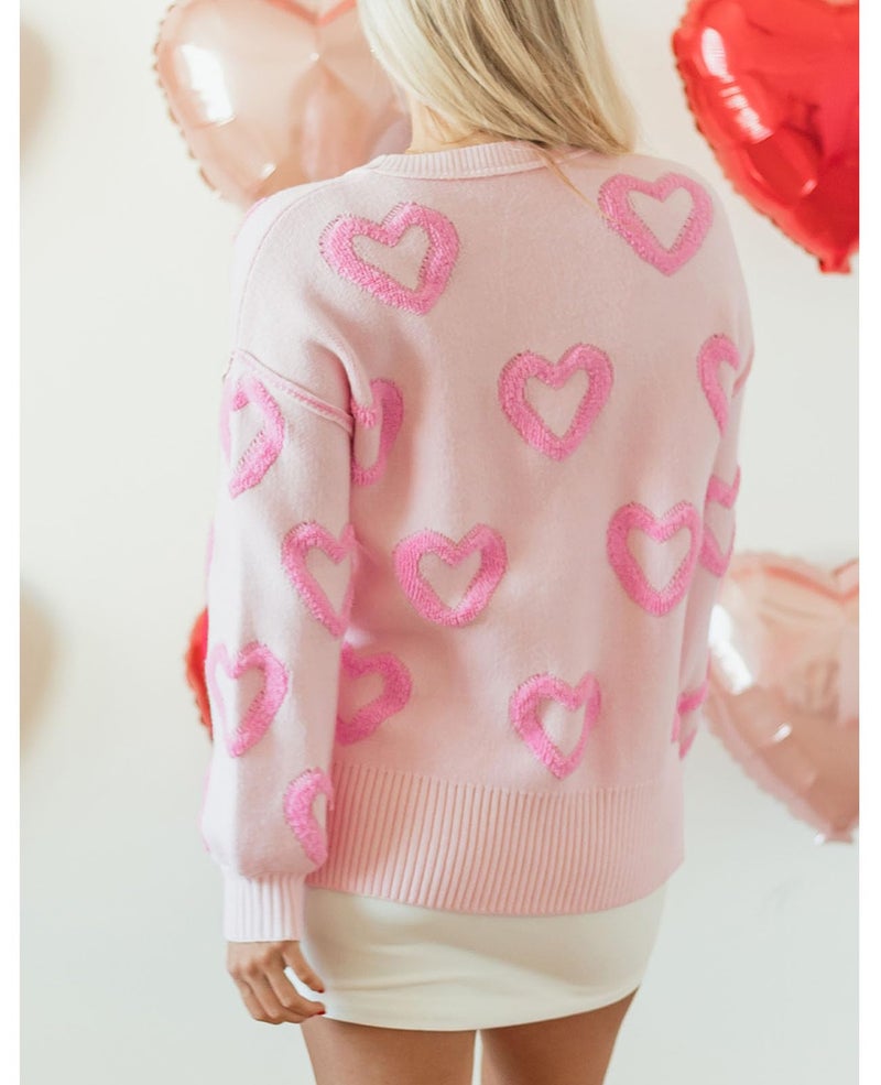 SELINK Women's Fuzzy Heart Sweater Crew Neck Pearl Drop Shoulder Casual Long Sleeve Valentines Sweaters Pullover Tops Pink Heart Shape-M - Image 2