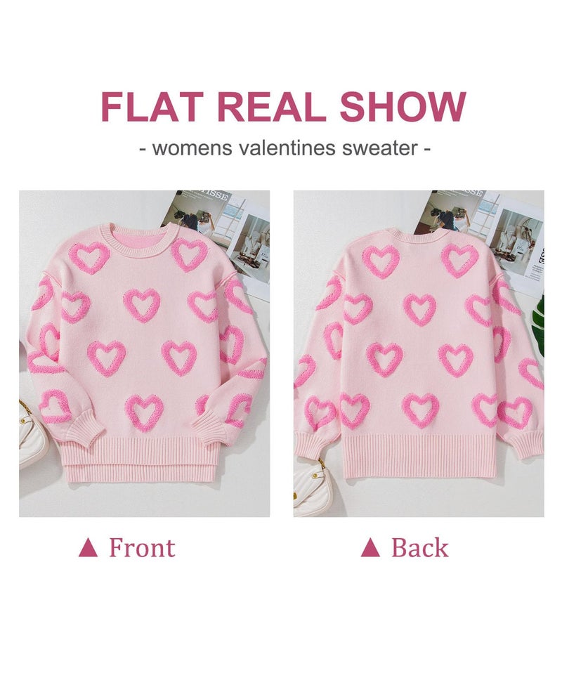 SELINK Women's Fuzzy Heart Sweater Crew Neck Pearl Drop Shoulder Casual Long Sleeve Valentines Sweaters Pullover Tops Pink Heart Shape-M - Image 3