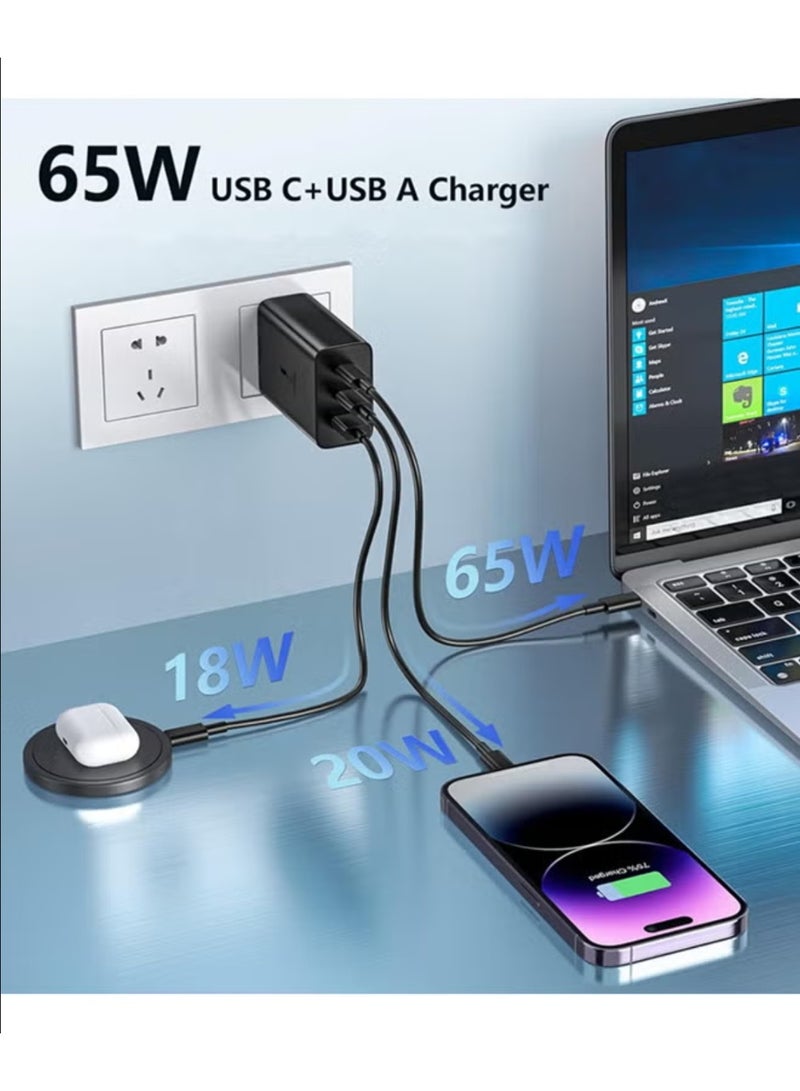 65W USB-C PD Fast Charger, 3-Port Wall Charging Adapter with Type-C Cable, Quick Charge Power Block Compatible with iPhone, iPad, Samsung Galaxy, MacBook, and Laptops - Image 2