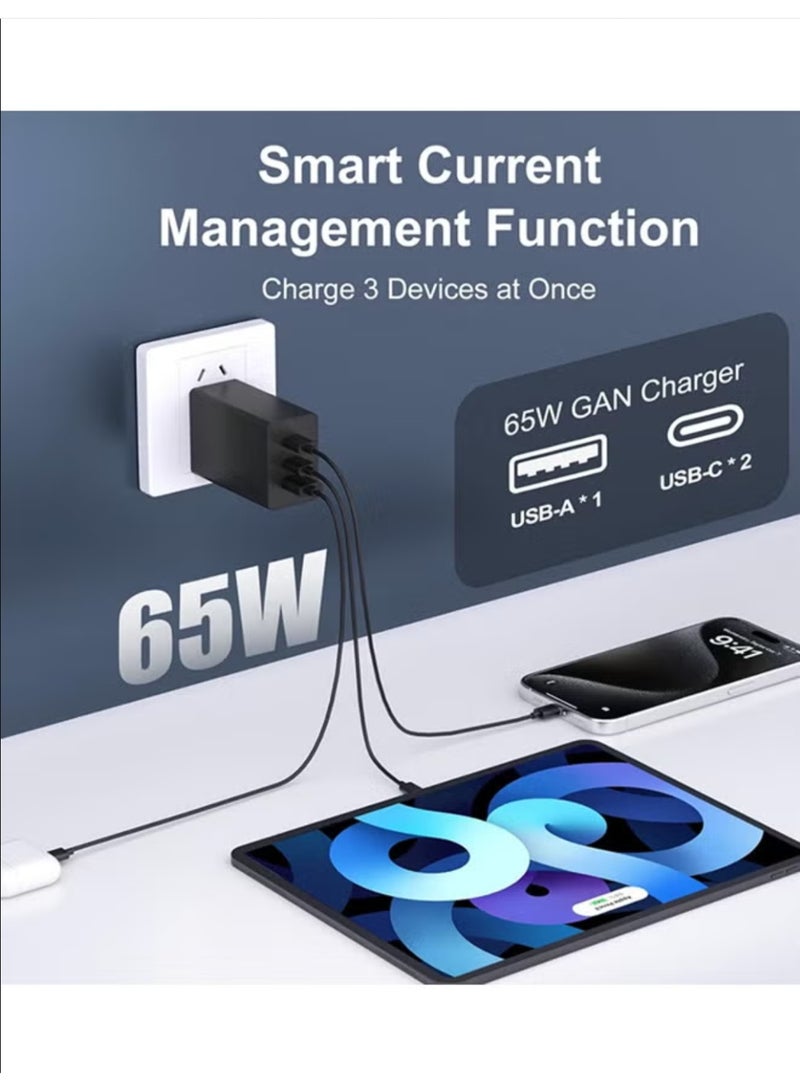 65W USB-C PD Fast Charger, 3-Port Wall Charging Adapter with Type-C Cable, Quick Charge Power Block Compatible with iPhone, iPad, Samsung Galaxy, MacBook, and Laptops - Image 5