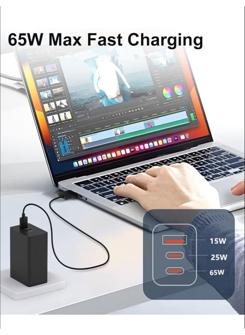 65W USB-C PD Fast Charger, 3-Port Wall Charging Adapter with Type-C Cable, Quick Charge Power Block Compatible with iPhone, iPad, Samsung Galaxy, MacBook, and Laptops - Image 3