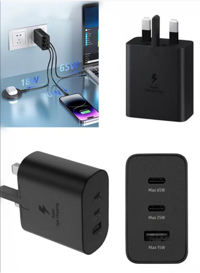 65W USB-C PD Fast Charger, 3-Port Wall Charging Adapter with Type-C Cable, Quick Charge Power Block Compatible with iPhone, iPad, Samsung Galaxy, MacBook, and Laptops - Image 1