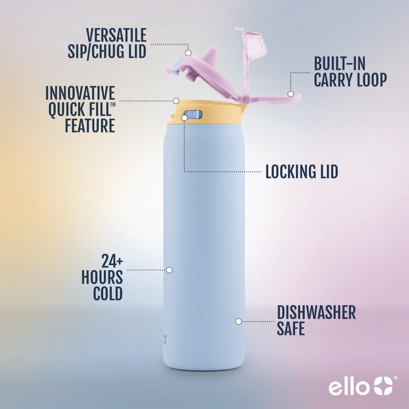 Ello Pop & Fill 32oz Stainless Steel Water Bottle with Quick Fill Technology, Double Walled and Vacuum Insulated Metal, Leak Proof Locking Lid, Sip and Chug, Reusable, BPA Free, Coastal Sunrise - Image 2
