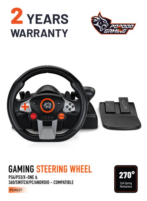 Gaming Driving Force Racing Wheel 7in1 Steering Wheel with Responsive Floor Pedal and Gear Lever / 270° Coil-Spring Mechanism / Plug & Play compatible with PS3, PS4, XBOX ONE, XBOX360, PC, Nintendo SWITCH, and Android devices - Black