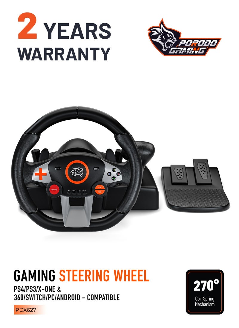 Gaming Driving Force Racing Wheel 7in1 Steering Wheel with Responsive Floor Pedal and Gear Lever / 270° Coil-Spring Mechanism / Plug & Play compatible with PS3, PS4, XBOX ONE, XBOX360, PC, Nintendo SWITCH, and Android devices - Black