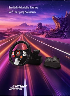 porodo Gaming Driving Force Racing Wheel 7in1 Steering Wheel with Responsive Floor Pedal and Gear Lever / 270° Coil-Spring Mechanism / Plug & Play compatible with PS3, PS4, XBOX ONE, XBOX360, PC, Nintendo SWITCH, and Android devices - Black  - Image 3