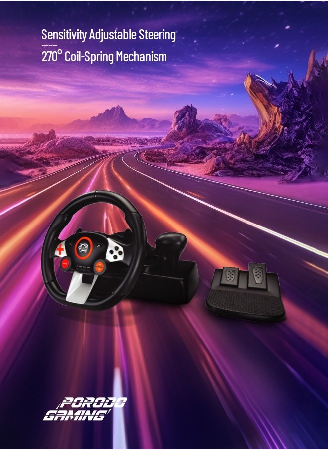 Gaming Driving Force Racing Wheel 7in1 Steering Wheel with Responsive Floor Pedal and Gear Lever / 270° Coil-Spring Mechanism / Plug & Play compatible with PS3, PS4, XBOX ONE, XBOX360, PC, Nintendo SWITCH, and Android devices - Black