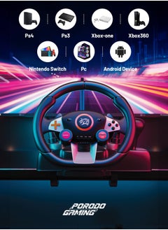 porodo Gaming Driving Force Racing Wheel 7in1 Steering Wheel with Responsive Floor Pedal and Gear Lever / 270° Coil-Spring Mechanism / Plug & Play compatible with PS3, PS4, XBOX ONE, XBOX360, PC, Nintendo SWITCH, and Android devices - Black  - Image 2