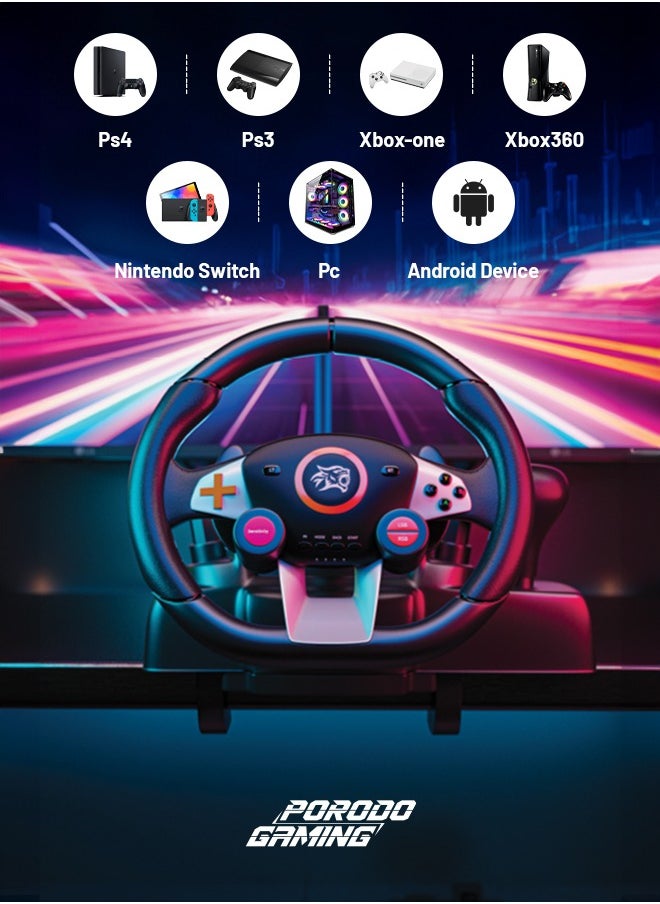 Gaming Driving Force Racing Wheel 7in1 Steering Wheel with Responsive Floor Pedal and Gear Lever / 270° Coil-Spring Mechanism / Plug & Play compatible with PS3, PS4, XBOX ONE, XBOX360, PC, Nintendo SWITCH, and Android devices - Black