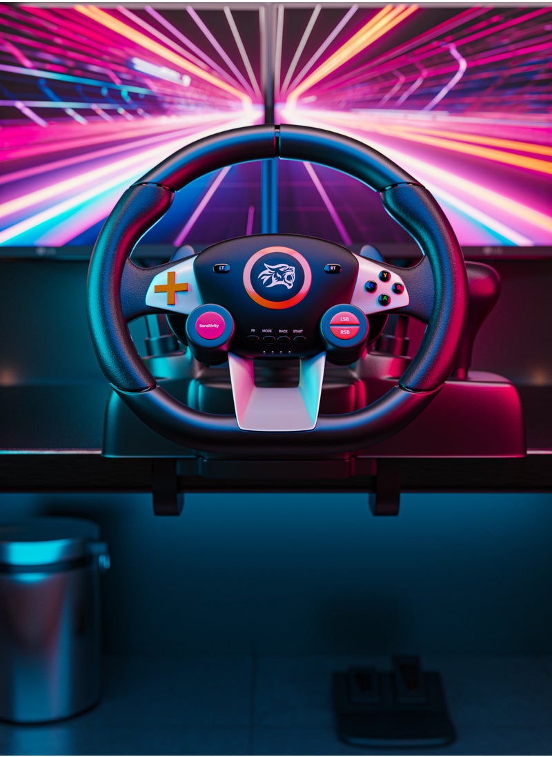 Gaming Driving Force Racing Wheel 7in1 Steering Wheel with Responsive Floor Pedal and Gear Lever / 270° Coil-Spring Mechanism / Plug & Play compatible with PS3, PS4, XBOX ONE, XBOX360, PC, Nintendo SWITCH, and Android devices - Black
