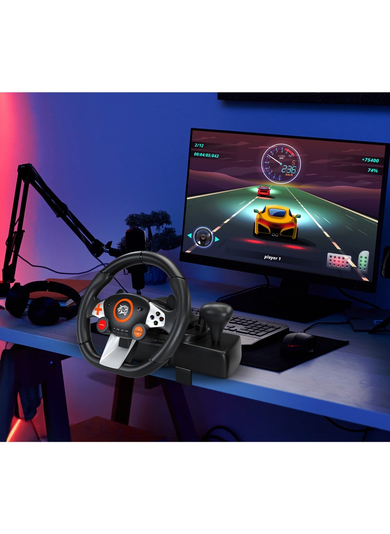 Gaming Driving Force Racing Wheel 7in1 Steering Wheel with Responsive Floor Pedal and Gear Lever / 270° Coil-Spring Mechanism / Plug & Play compatible with PS3, PS4, XBOX ONE, XBOX360, PC, Nintendo SWITCH, and Android devices - Black