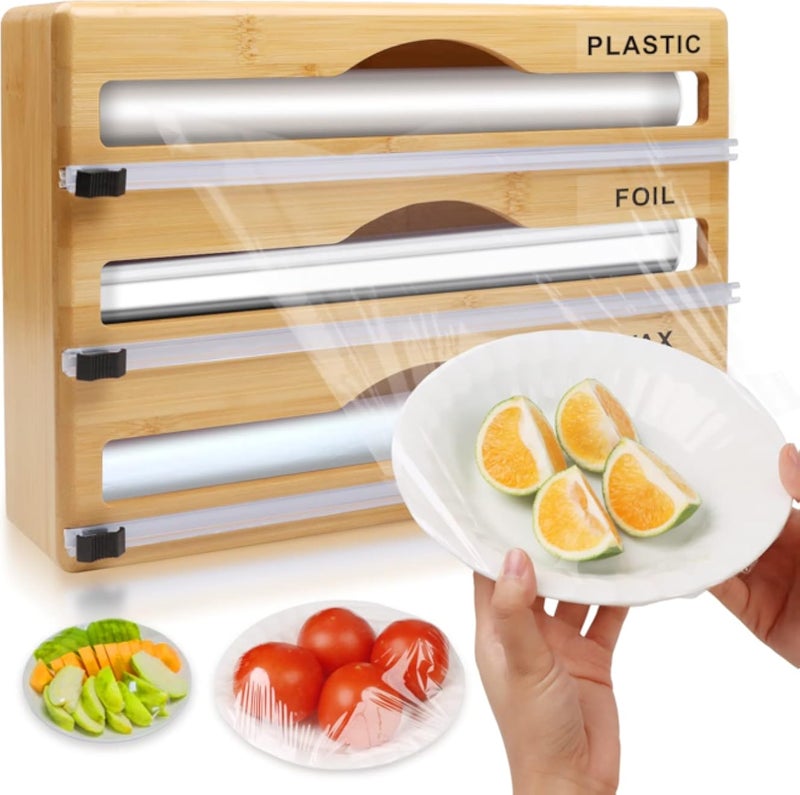 موزع وقاطع غلاف بلاستيكي من رقائق الألومنيوم - منظم أدراج مطبخ بثلاث فتحات لأغلفة ورق الألومنيوم والشمع والورق اللاصق - حامل تخزين أغلفة من الخيزران والورق المقوى للفة 12 بوصة - أداة تخزين مطبخ