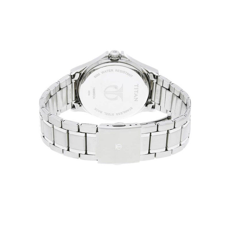 TITAN Men’s Elegant Analog Watch – Silver Stainless Steel Strap with Blue Dial, Quartz Accuracy, Mineral Glass Durability – 1698SM02 - Image 4