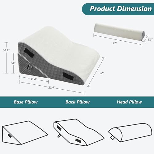 Longering Bed Wedge Pillow Set for Sleeping 3 PCS - 22.5" Wide Triangle Pillow for Back Leg Pain Relief with Washable Cover - 35D Foam Wedge Pillow Post Surgery for Acid Reflux & Snoring (White Grey) - Image 2