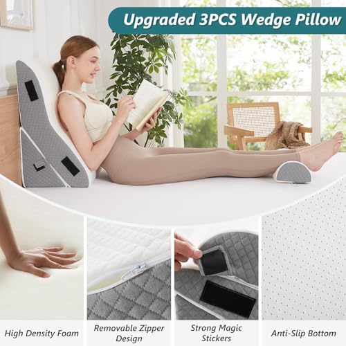 Longering Bed Wedge Pillow Set for Sleeping 3 PCS - 22.5" Wide Triangle Pillow for Back Leg Pain Relief with Washable Cover - 35D Foam Wedge Pillow Post Surgery for Acid Reflux & Snoring (White Grey) - Image 3