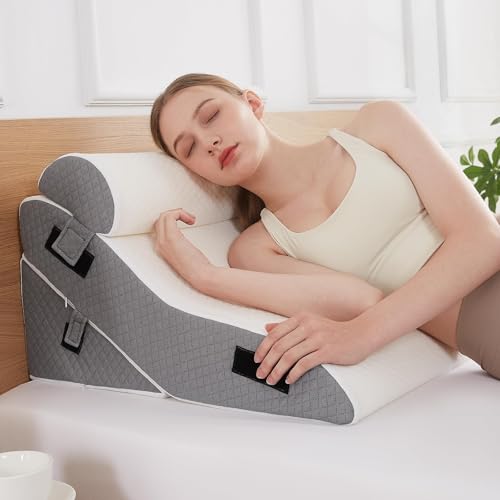 Longering Bed Wedge Pillow Set for Sleeping 3 PCS - 22.5" Wide Triangle Pillow for Back Leg Pain Relief with Washable Cover - 35D Foam Wedge Pillow Post Surgery for Acid Reflux & Snoring (White Grey) - Image 1