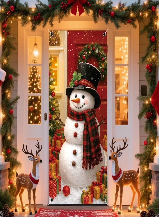 REDWORD Christmas Door Cover, 79x35Inch Snowman Christmas Door Decorations Reusable Fabric Snowman Banner Backdrop Outdoor Sign for Xmas Front Doors Home Office Wall Doors Party Decorations - Image 1