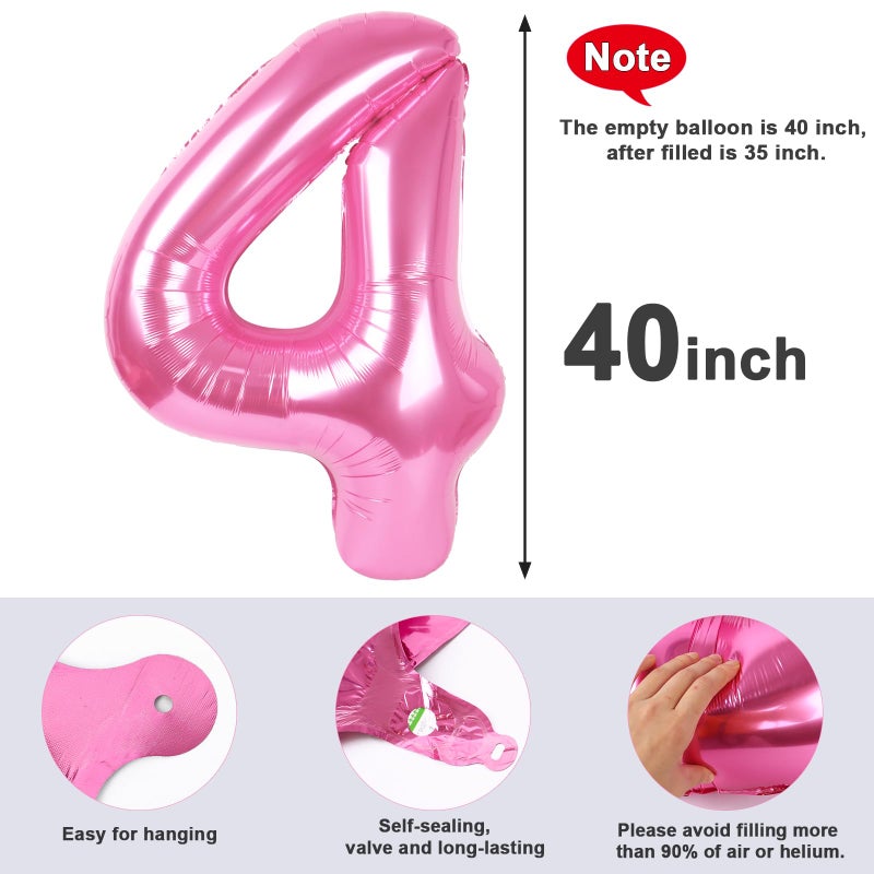 Mluchee Pink 4 Balloon, 4th Birthday Decorations Girl, Number 4 Balloons for 4th 14 Boy, Happy 40th Birthday Party Decorations Women, Number Balloons 40 Inch for Graduations Anniversary - Image 5