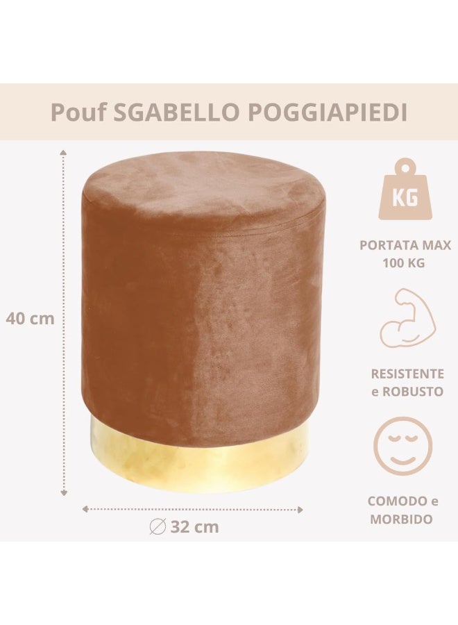 Pouf Cylindrical Velvet Stool with Golden Ring for Living Room or Bedroom Pouffes Footrest Modern Design (Brown) - Image 2