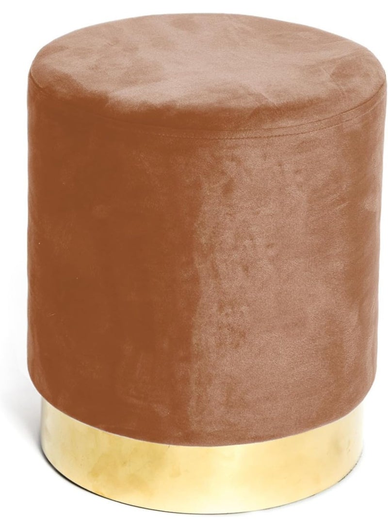 Pouf Cylindrical Velvet Stool with Golden Ring for Living Room or Bedroom Pouffes Footrest Modern Design (Brown) - Image 1