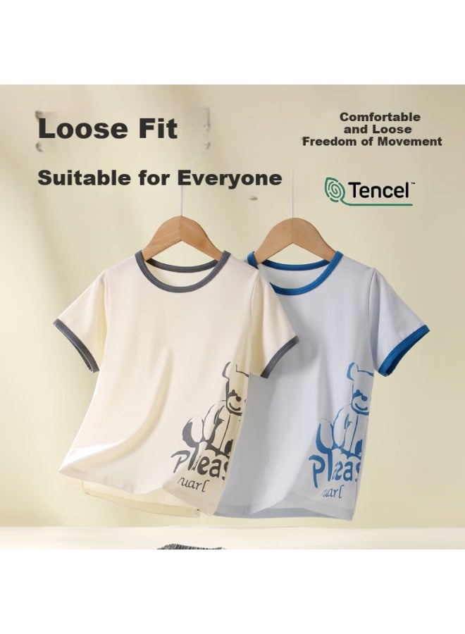 Top melon Dingguagua Children's Pajamas For Boys, Summer Thin Style, Lyocell Cotton, Boys' Home Wear, Air Conditioning Clothes, Big Kids Short-sleeve Set - Image 5