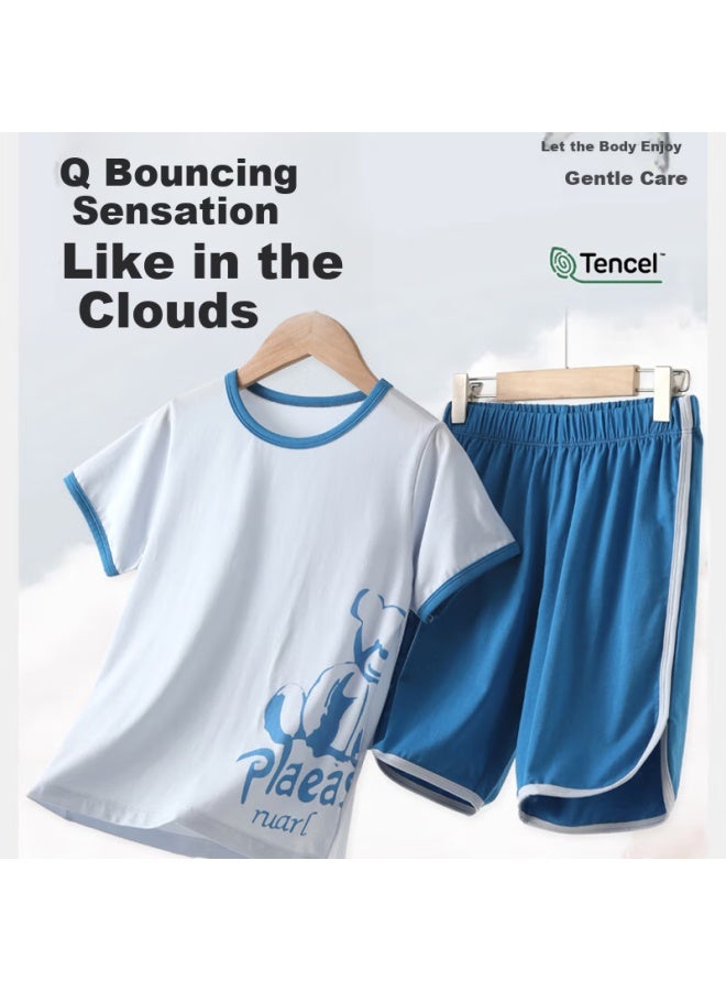Top melon Dingguagua Children's Pajamas For Boys, Summer Thin Style, Lyocell Cotton, Boys' Home Wear, Air Conditioning Clothes, Big Kids Short-sleeve Set - Image 4