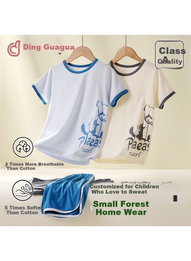 Top melon Dingguagua Children's Pajamas For Boys, Summer Thin Style, Lyocell Cotton, Boys' Home Wear, Air Conditioning Clothes, Big Kids Short-sleeve Set - Image 1