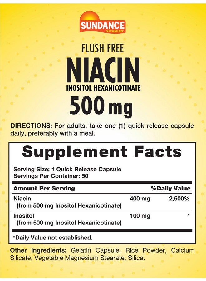Sundance Flush Free Niacin 500 mg | 50 Capsules | Inositol Hexanicotinate | Essential Vitamin | Non-GMO & Gluten Free Supplement - Image 2