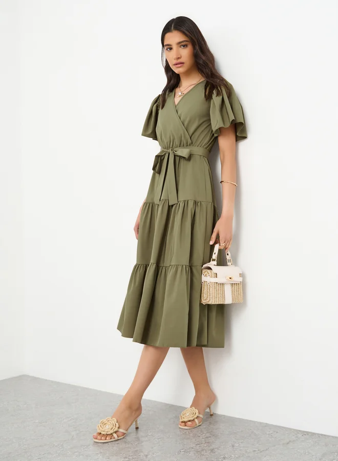 Take Two Take Two Short Sleeve Bow Detail Tiered A-Line Midi Dress