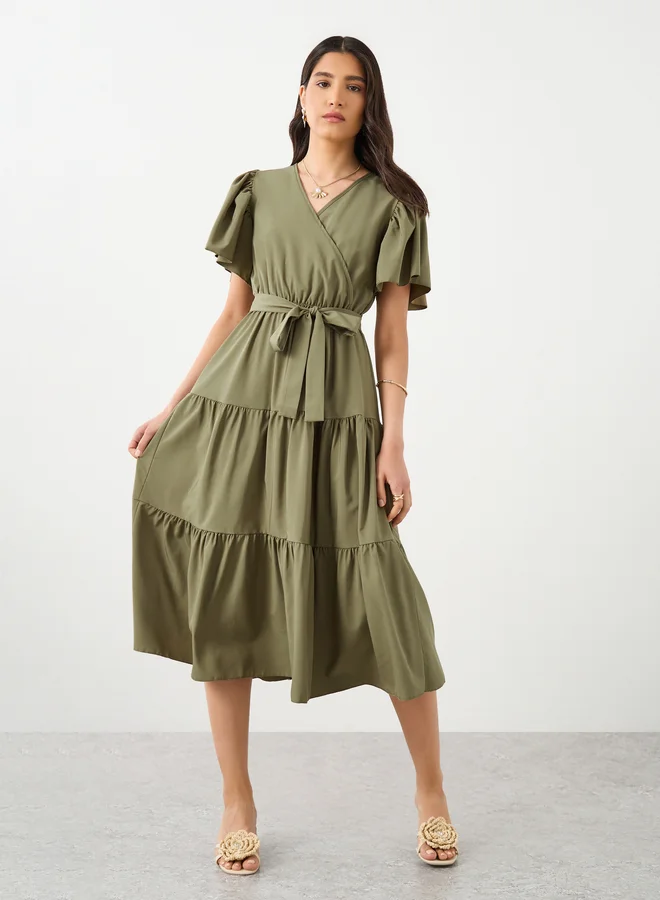 Take Two Take Two Short Sleeve Bow Detail Tiered A-Line Midi Dress