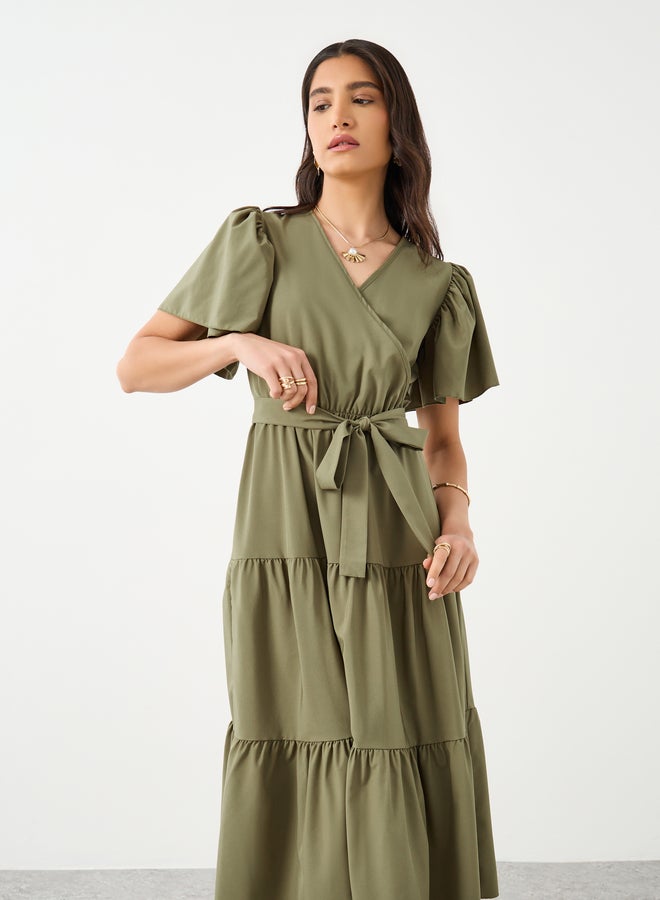 تايك تو فستان ميدي - بأكمام قصيرة وتفاصيل فيونكة وطبقات - Image 3