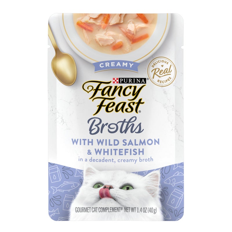 Fancy Feast Purina Fancy Feast Lickable Wet Cat Food Broth Topper, Creamy Wild Salmon and Whitefish - (Pack of 16) 1.4 oz. Pouches - Image 1