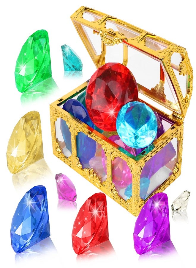 YUJUN Diving Gem Pool Toys 10 Colorful Big Diamond Gem with Treasure Pirate Chest Box Summer Underwater Acrylic Gemstones Set for Kids Swimming Pool Party Favors - Image 1