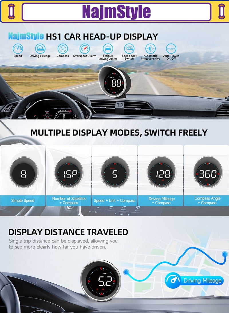 NajmStyle Multifunctional Car HUD Display & MPH Speedometer with OverSpeed Alarm Fatigue Driving Warning - Image 2