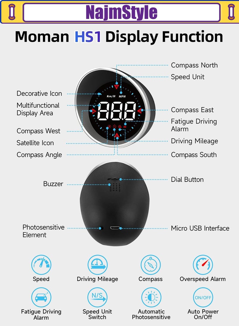 NajmStyle Multifunctional Car HUD Display & MPH Speedometer with OverSpeed Alarm Fatigue Driving Warning - Image 4