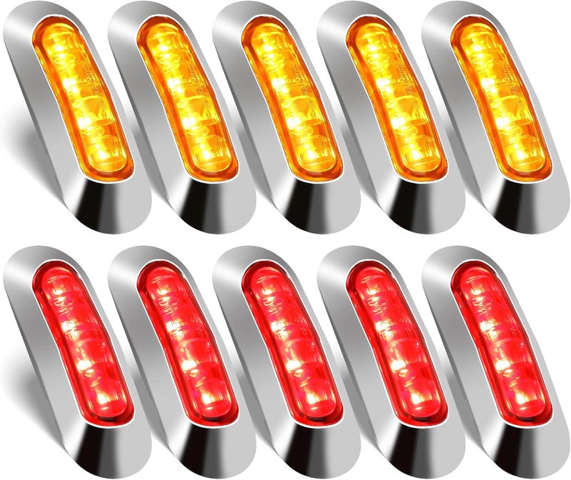 ALFU 12V-24V 4 LED Side Marker Lights with Chrome Bezel, Front Rear Tail Clearance Indicator Lamp, Interior Courtesy Light for Truck Trailer Car Bus Boat Lorry (Amber(5PCS)+Red(5PCS)) - Image 1