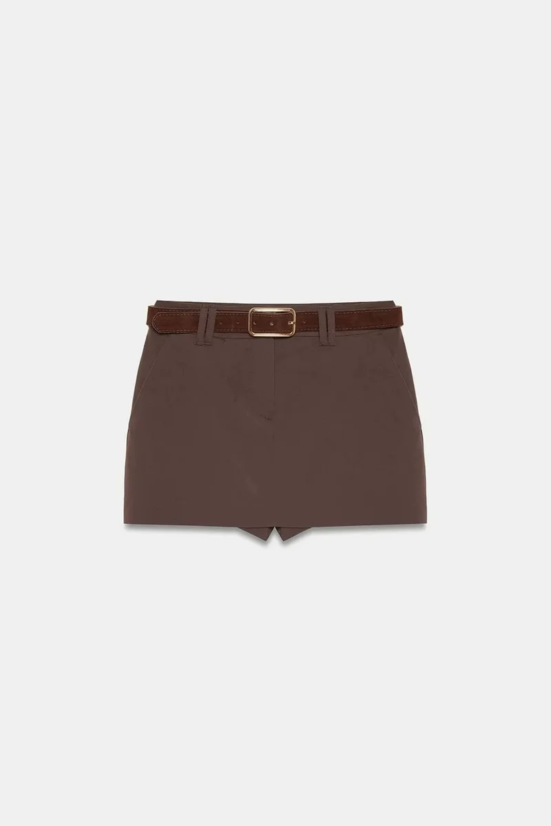 Dilvin Coffee Brown DILVIN High-Waist A-Line Mini Skirt With Belt for Women | Best Price UAE