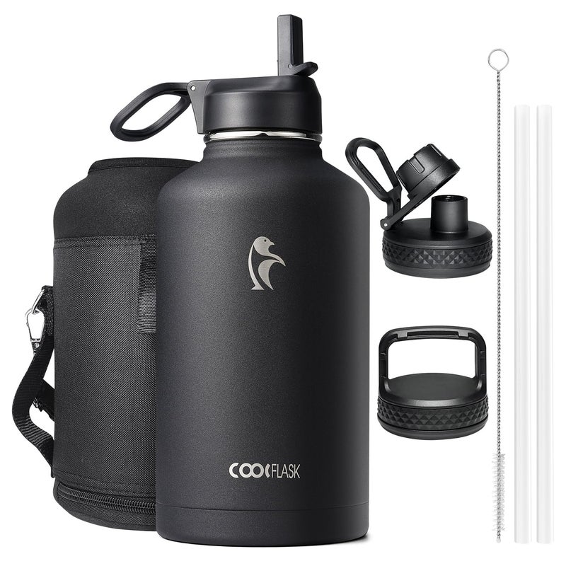 Coolflask Insulated Water Bottle 2L  3 Lids with Straw  Spout  Handle Leakproof Vacuum Stainless Steel Water Bottle for Sports Travel Gym 48H Cold  24H Hot BPA Free Black