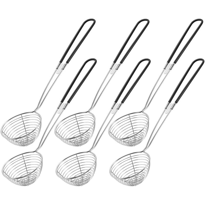 Geiserailie Stainless Steel Hot Pot Strainer Scoops 25 Inch Mini Spider Strainer Skimmer Pasta Mesh Strainer Spoon Asian Skimmer Spoon Ladle with Handle for HomeBlack6 Pieces