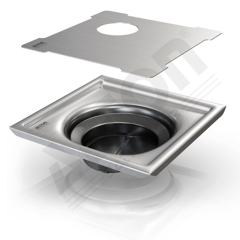 Alton ألترون ALD1005، درجة SS-304، 5x5 بوصة قطع، مصفاة أرضية مربعة للحمام مع فخ صراصير ABS، غير لامع - Image 1