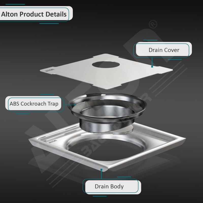 Alton ألترون ALD1005، درجة SS-304، 5x5 بوصة قطع، مصفاة أرضية مربعة للحمام مع فخ صراصير ABS، غير لامع - Image 3