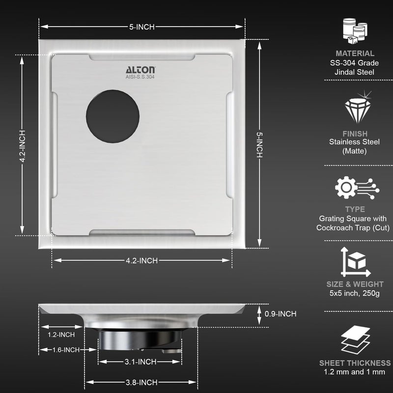 Alton ألترون ALD1005، درجة SS-304، 5x5 بوصة قطع، مصفاة أرضية مربعة للحمام مع فخ صراصير ABS، غير لامع - Image 2
