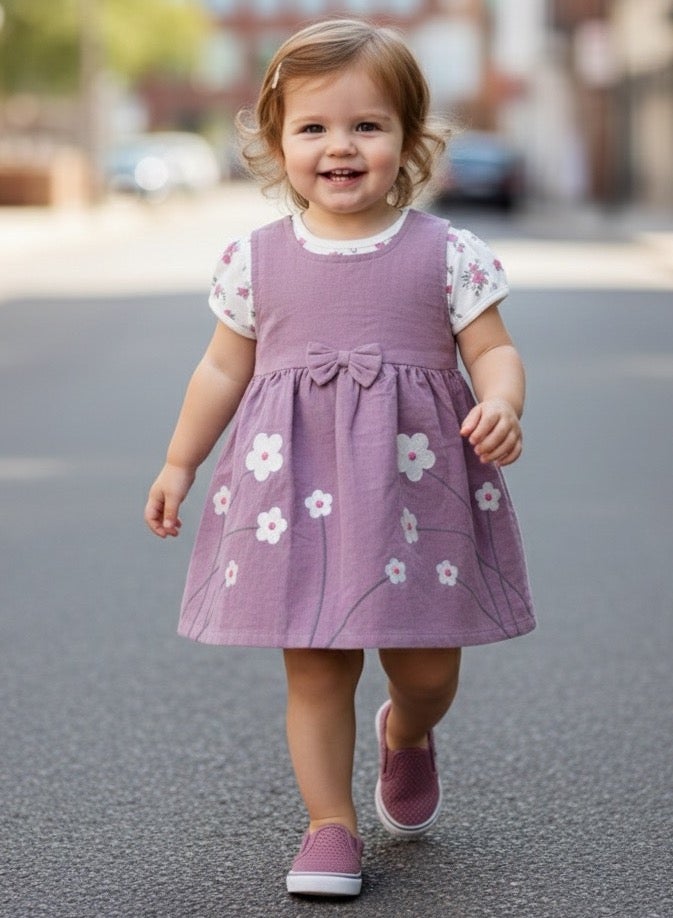ANDRINA Purple Floral Baby Dress with White Shirt, Stylish and Fashionable Newborn Baby Girls Clothes - Image 1