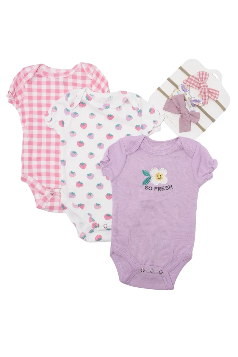 Bambimici Bambimici Strawberry Print Babysuit 3-Piece Set with Headbands