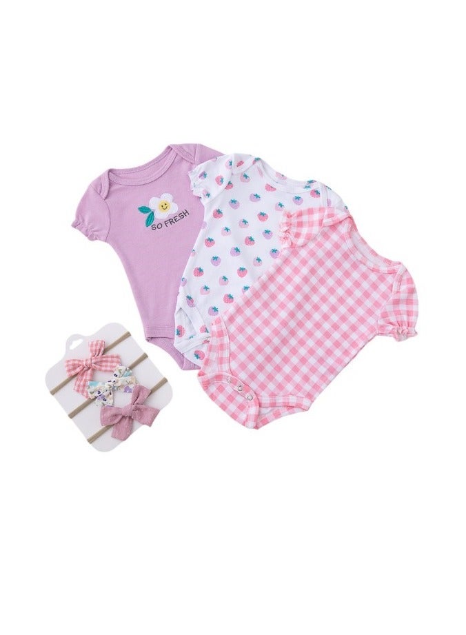 Bambimici Bambimici Strawberry Print Babysuit 3-Piece Set with Headbands  - Image 1