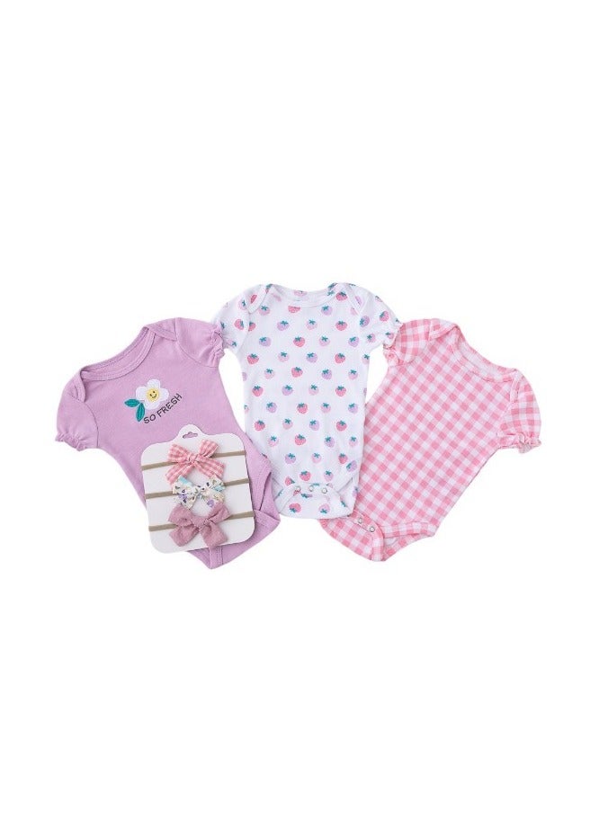 Bambimici Bambimici Strawberry Print Babysuit 3-Piece Set with Headbands  - Image 3