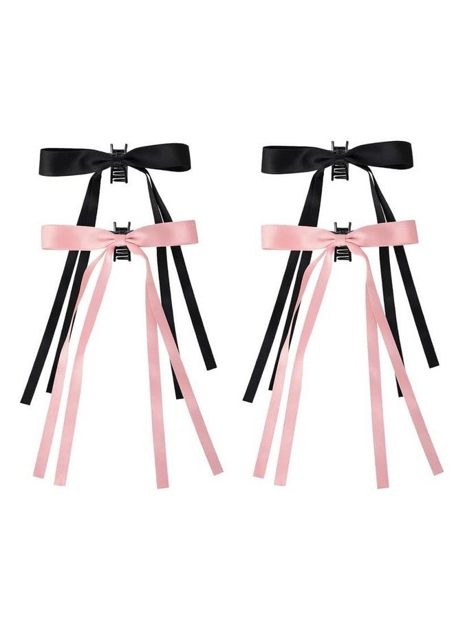 CHIROGRAPHY4 PCS Premium Hair Bow Clips, Tassel Hair Clips with Long Tail, Ballet Style Solid Hair Barrettes Bow, Ponytail Holder Alligator Claw Bow Hair Accessories for Women (Black & Pink) - Image 1