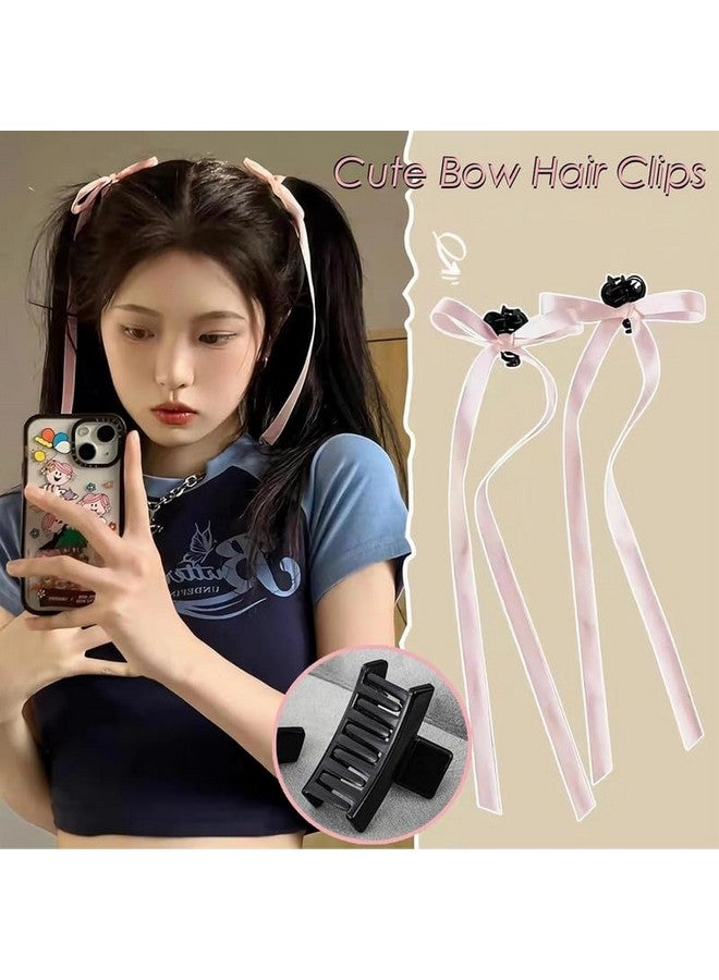 CHIROGRAPHY4 PCS Premium Hair Bow Clips, Tassel Hair Clips with Long Tail, Ballet Style Solid Hair Barrettes Bow, Ponytail Holder Alligator Claw Bow Hair Accessories for Women (Black & Pink) - Image 3