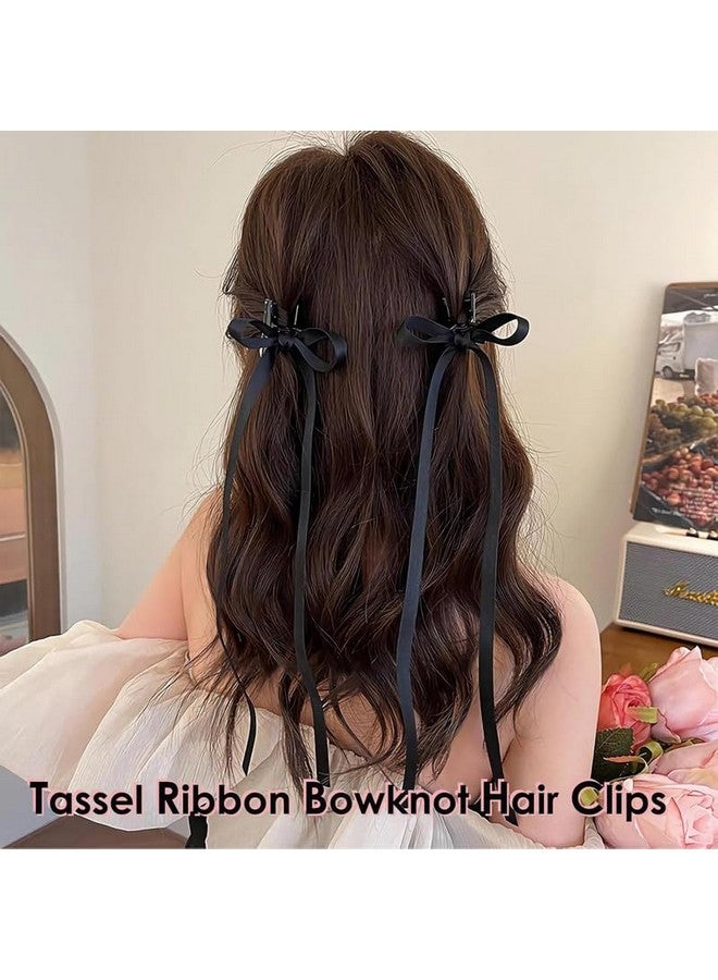 CHIROGRAPHY4 PCS Premium Hair Bow Clips, Tassel Hair Clips with Long Tail, Ballet Style Solid Hair Barrettes Bow, Ponytail Holder Alligator Claw Bow Hair Accessories for Women (Black & Pink) - Image 2